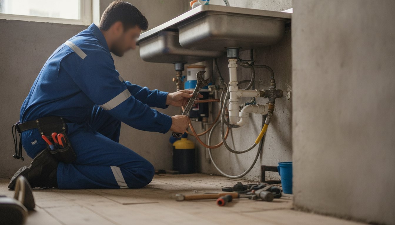 Profissional com uniforme de trabalho ajustando uma tubulação debaixo de uma pia.