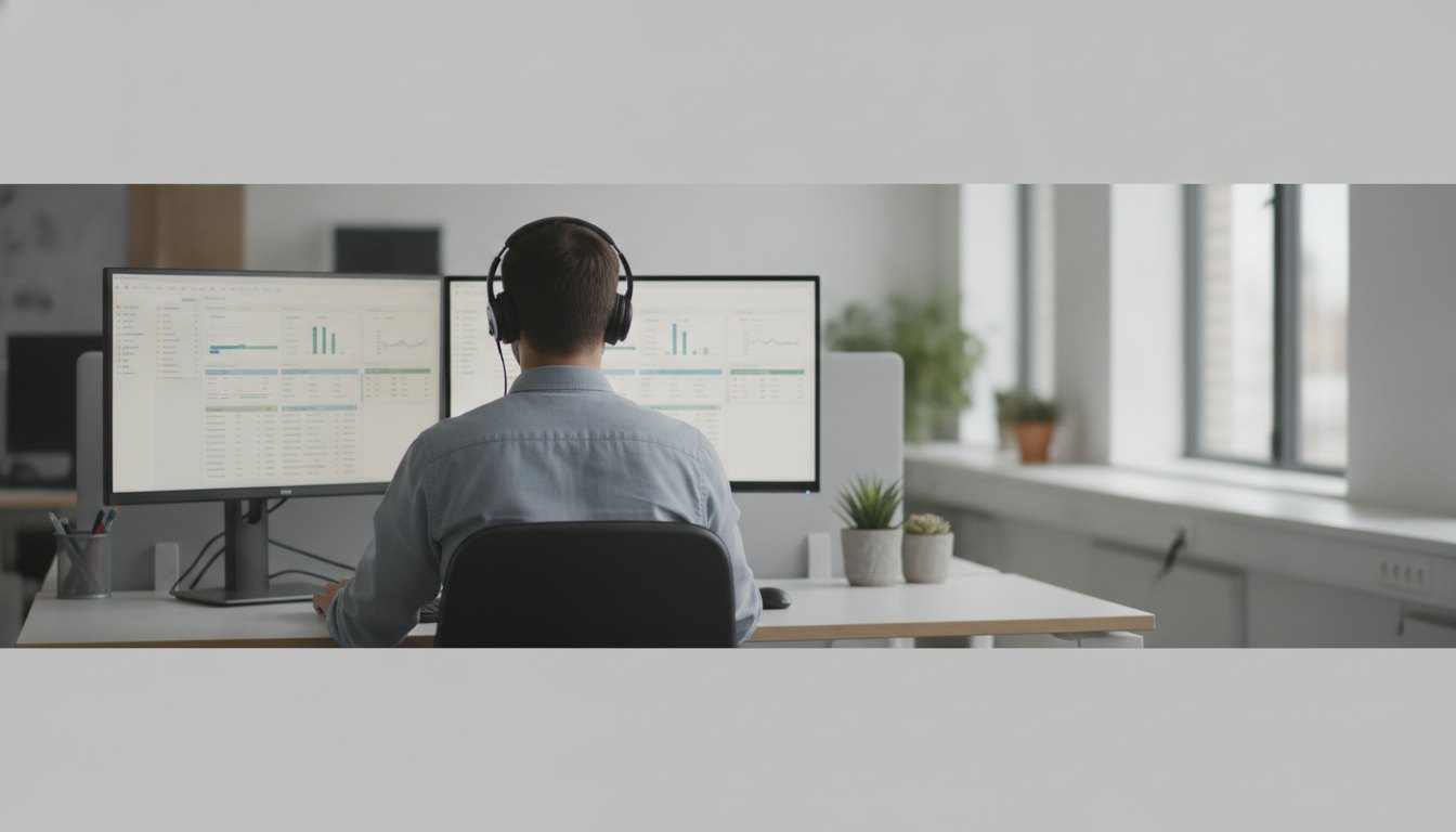 Profissional com fone de ouvido olhando para dois monitores com telas de chamados em um escritório.