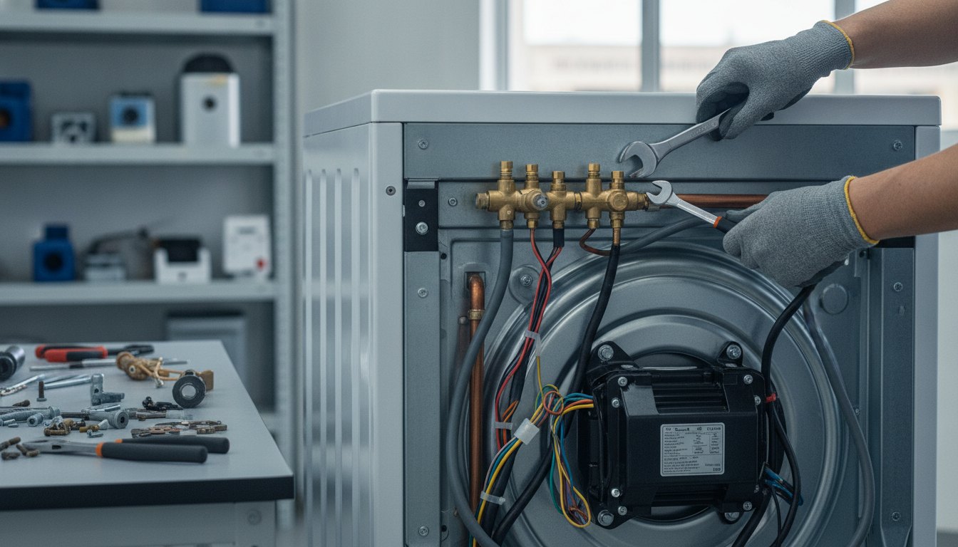 Técnico utilizando ferramentas manuais para ajustar peças na parte traseira de uma máquina de lavar