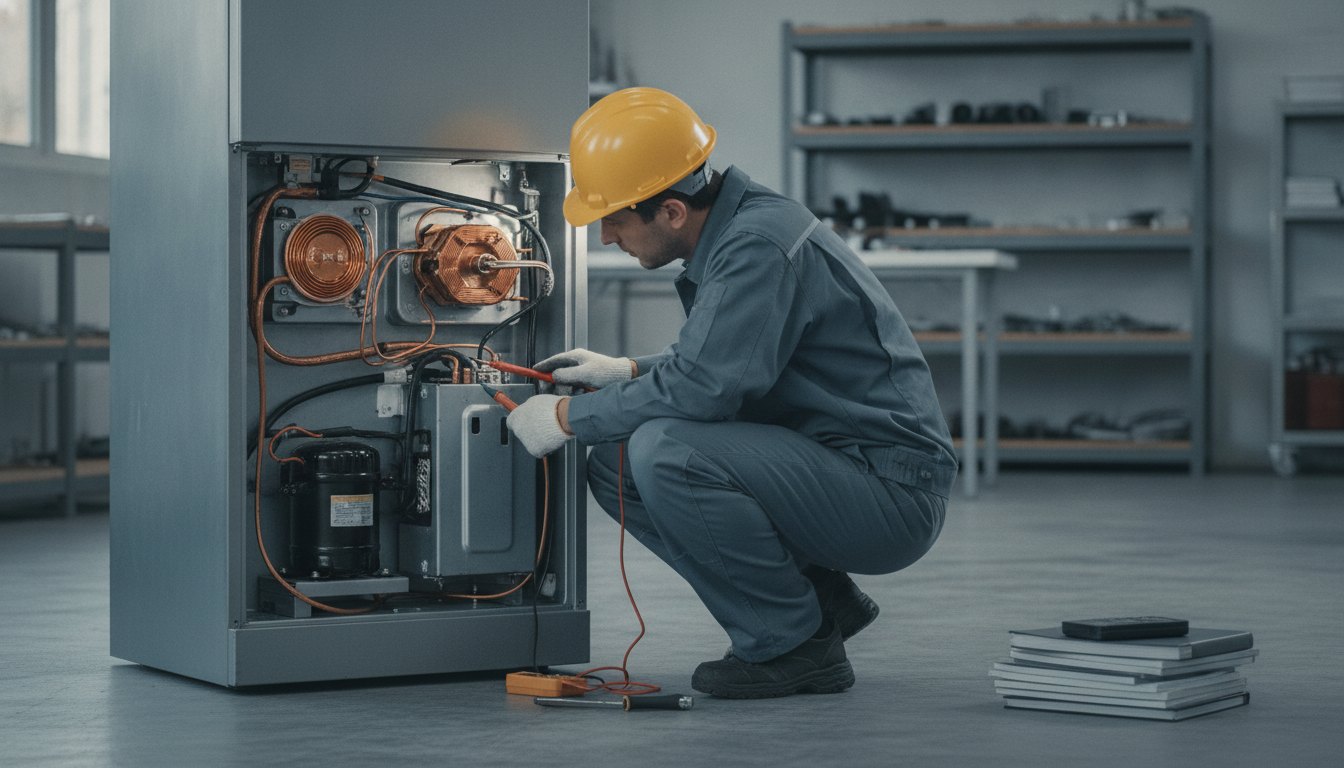 Técnico fardado agachado com ferramentas na mão analisando a parte traseira de uma geladeira metálica.