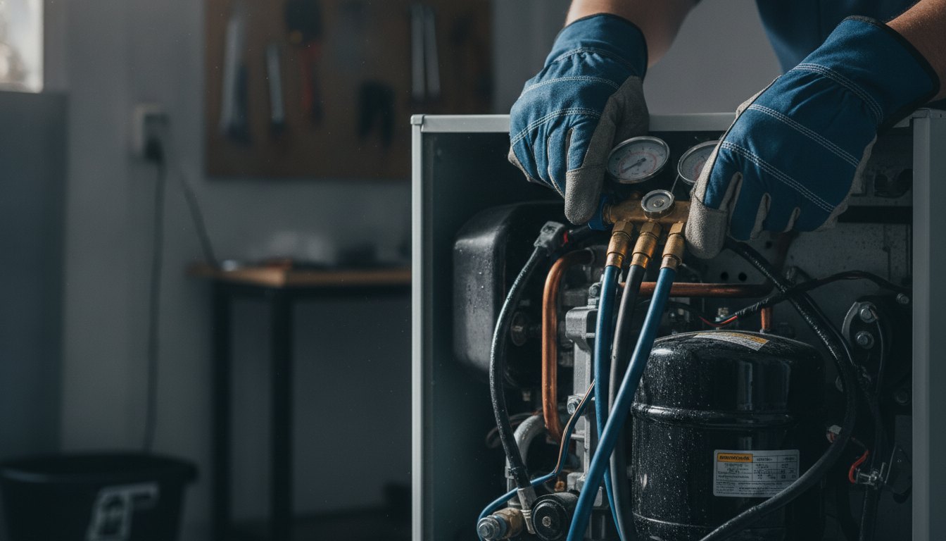Técnico com luvas medindo a pressão do motor de um equipamento de refrigeração residencial.