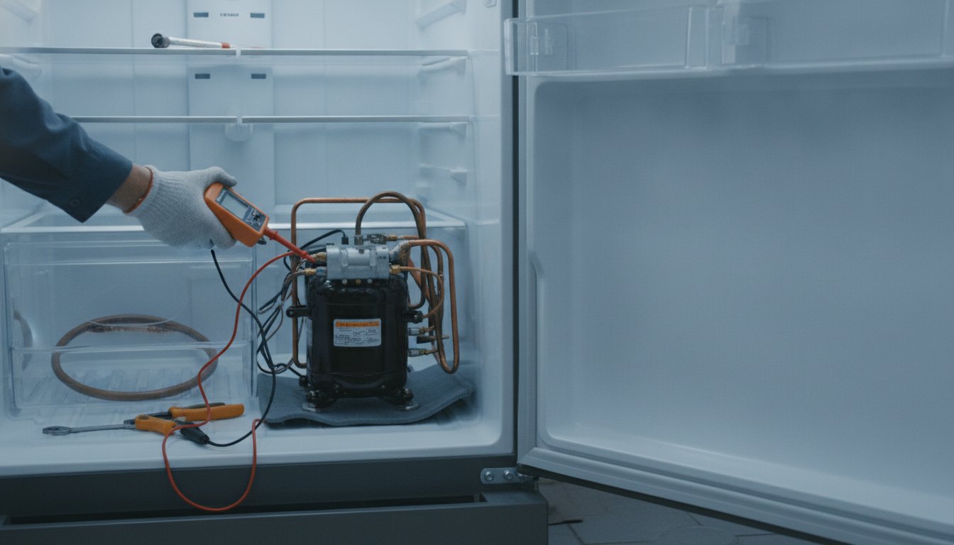 Técnico em refrigeração utilizando um multímetro para testar componentes internos de uma geladeira.