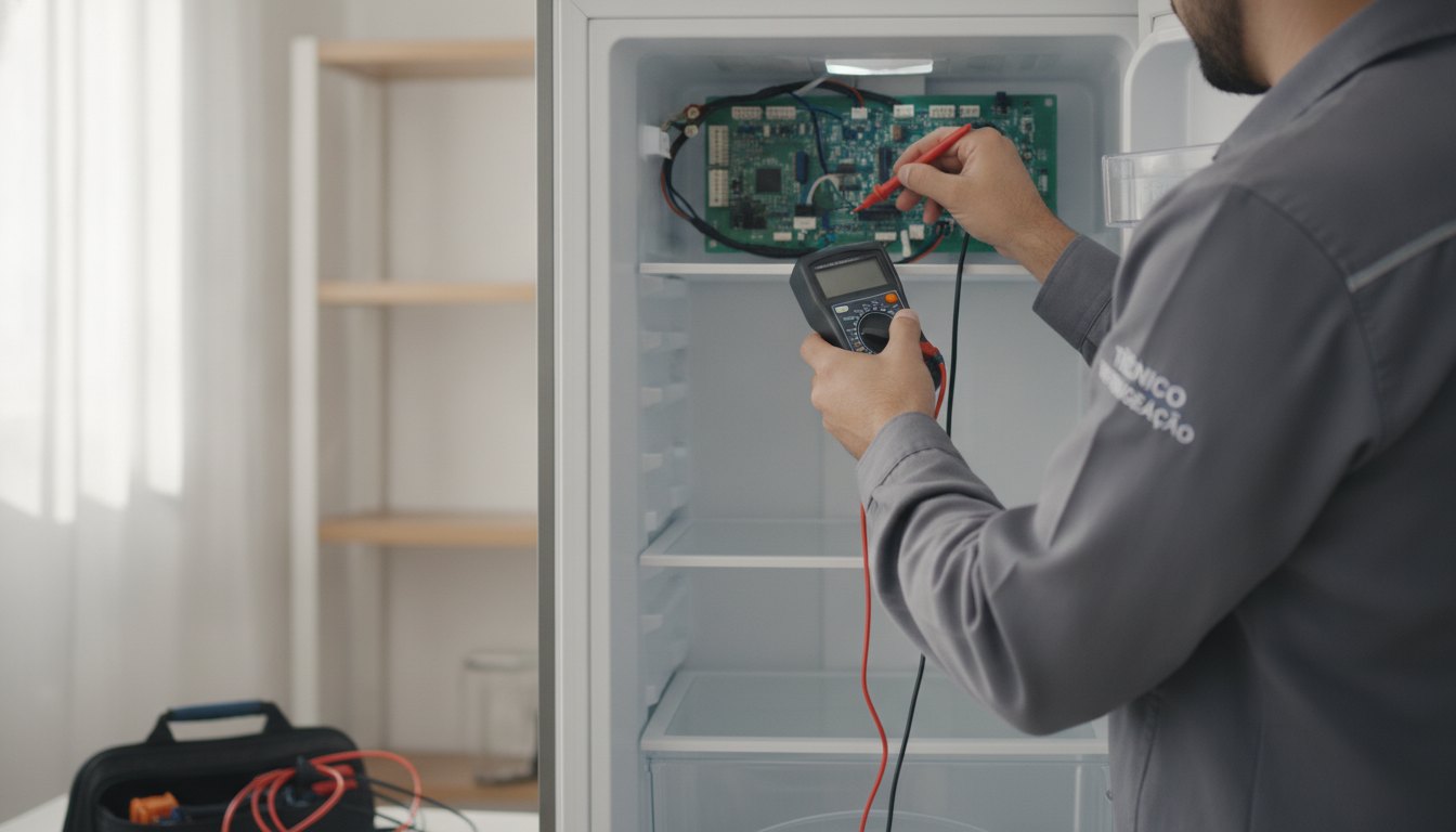 Técnico uniformizado utilizando um multímetro digital para testar a placa eletrônica de um refrigerador moderno.