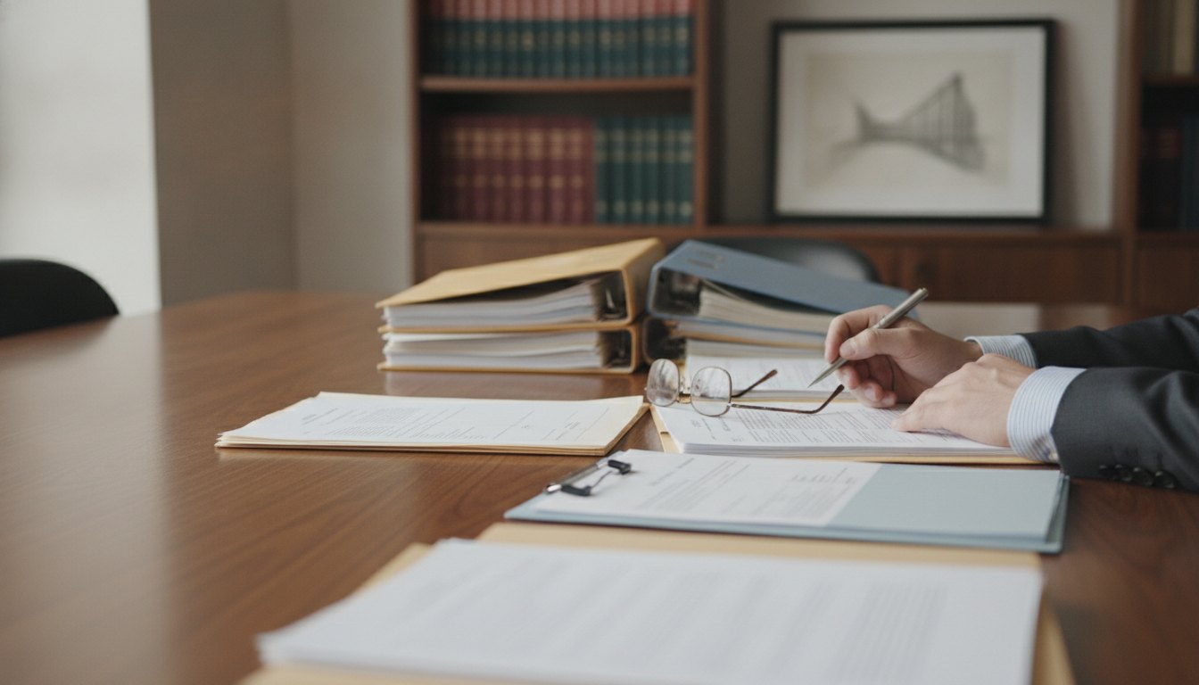 Advogado de terno examinando processos em cima de uma mesa de escritório.
