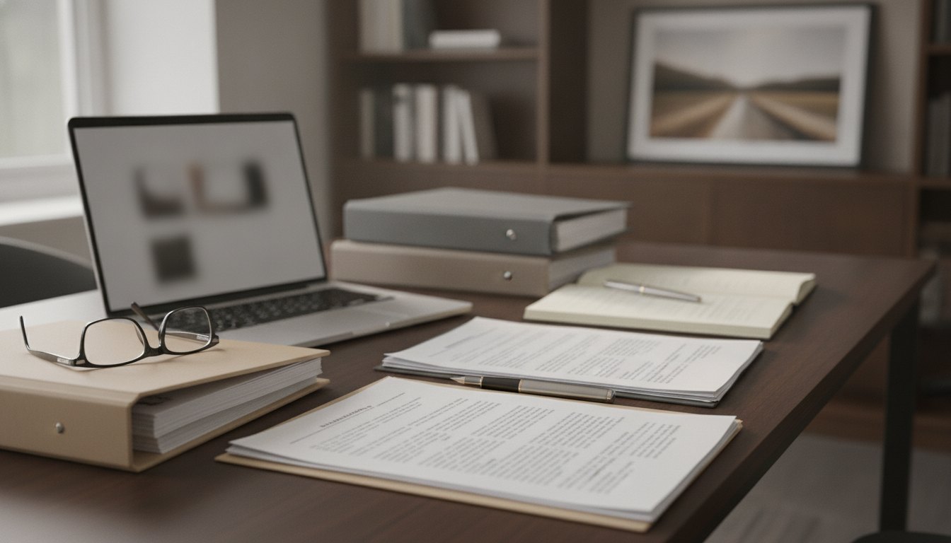 Advogado analisando documentos em uma mesa de escritório com pastas e computador.