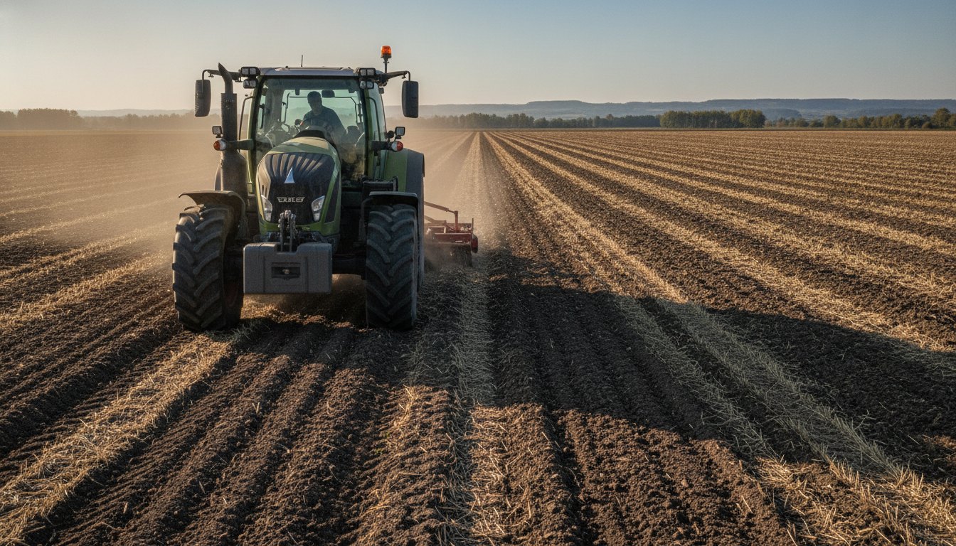 Trabalhador rural operando um trator moderno em uma plantação durante o período da manhã.