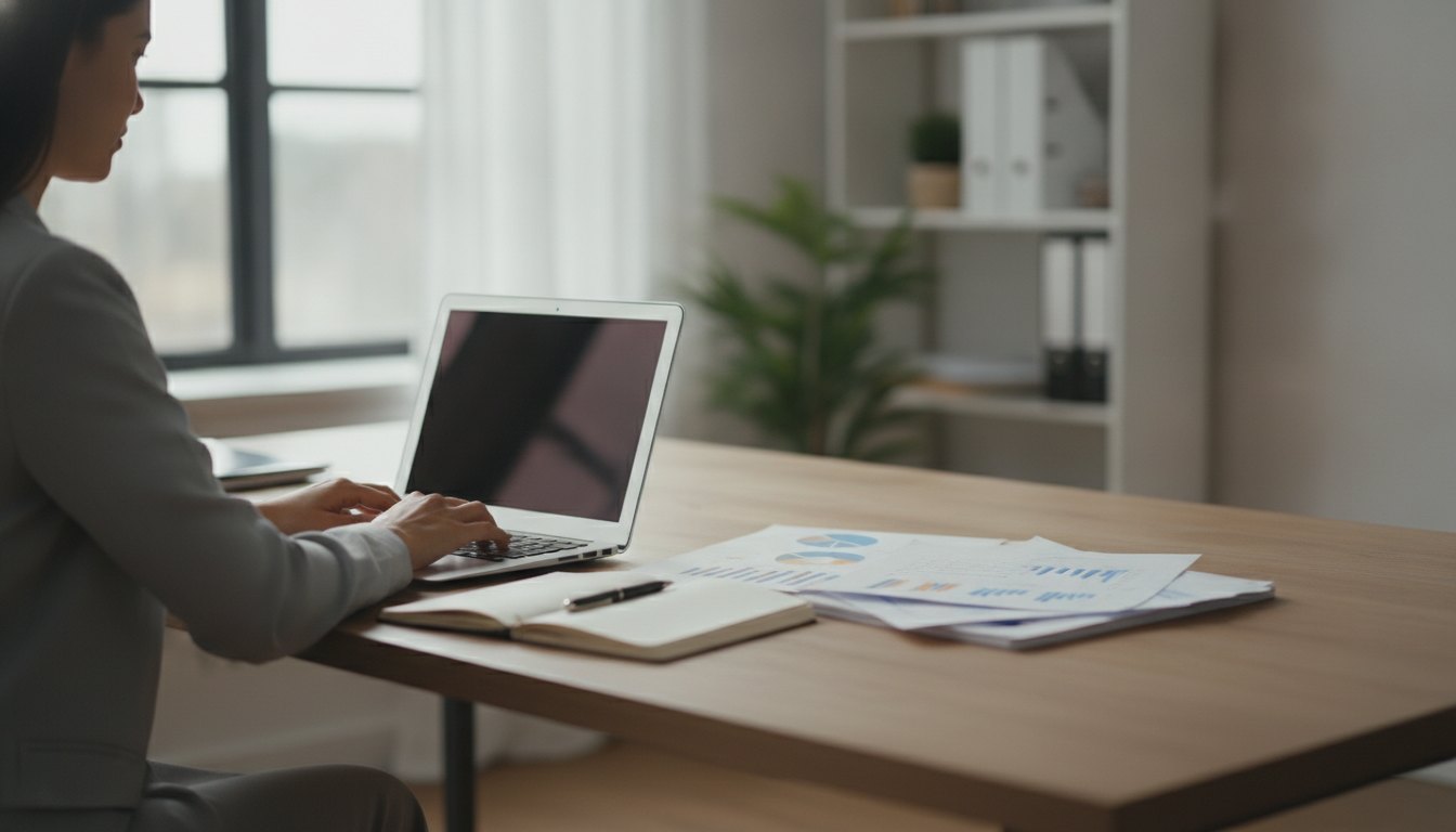 Mulher sentada em escritório digitando em um computador portátil enquanto analisa documentos de papel.