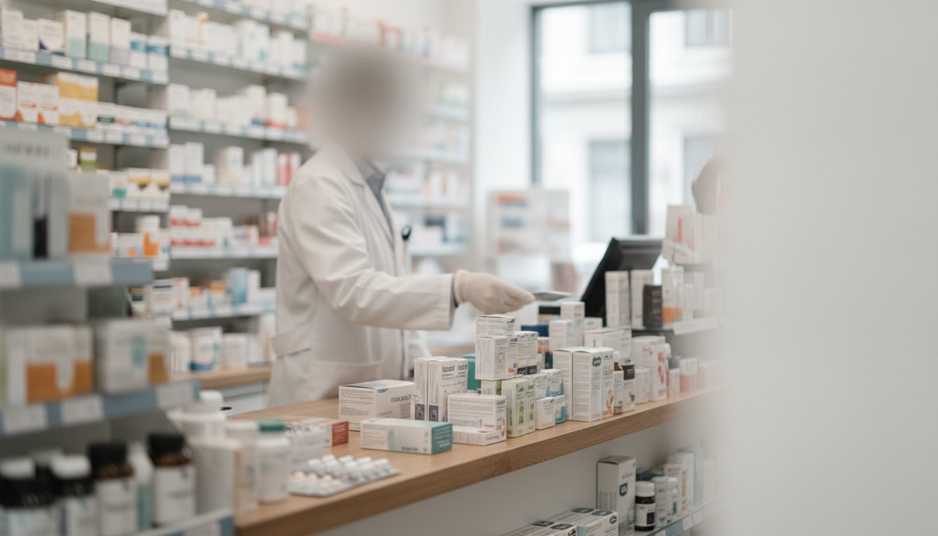 Atendente com jaleco branco orientando um cliente no balcão de uma drogaria repleta de medicamentos.
