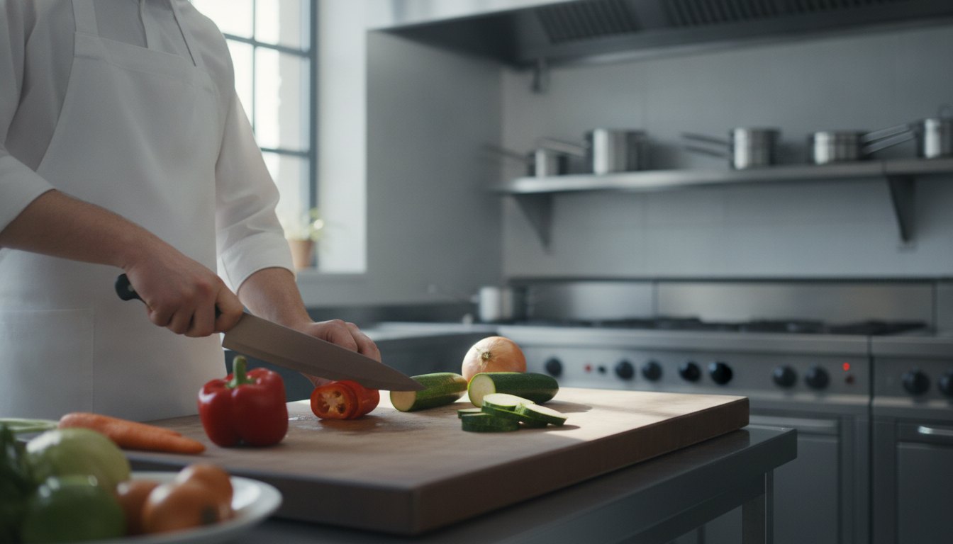 Profissional com avental e touca cortando legumes em uma cozinha industrial de restaurante.