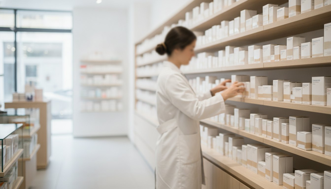 Profissional de jaleco organizando caixas de medicamentos em prateleiras de uma drogaria.