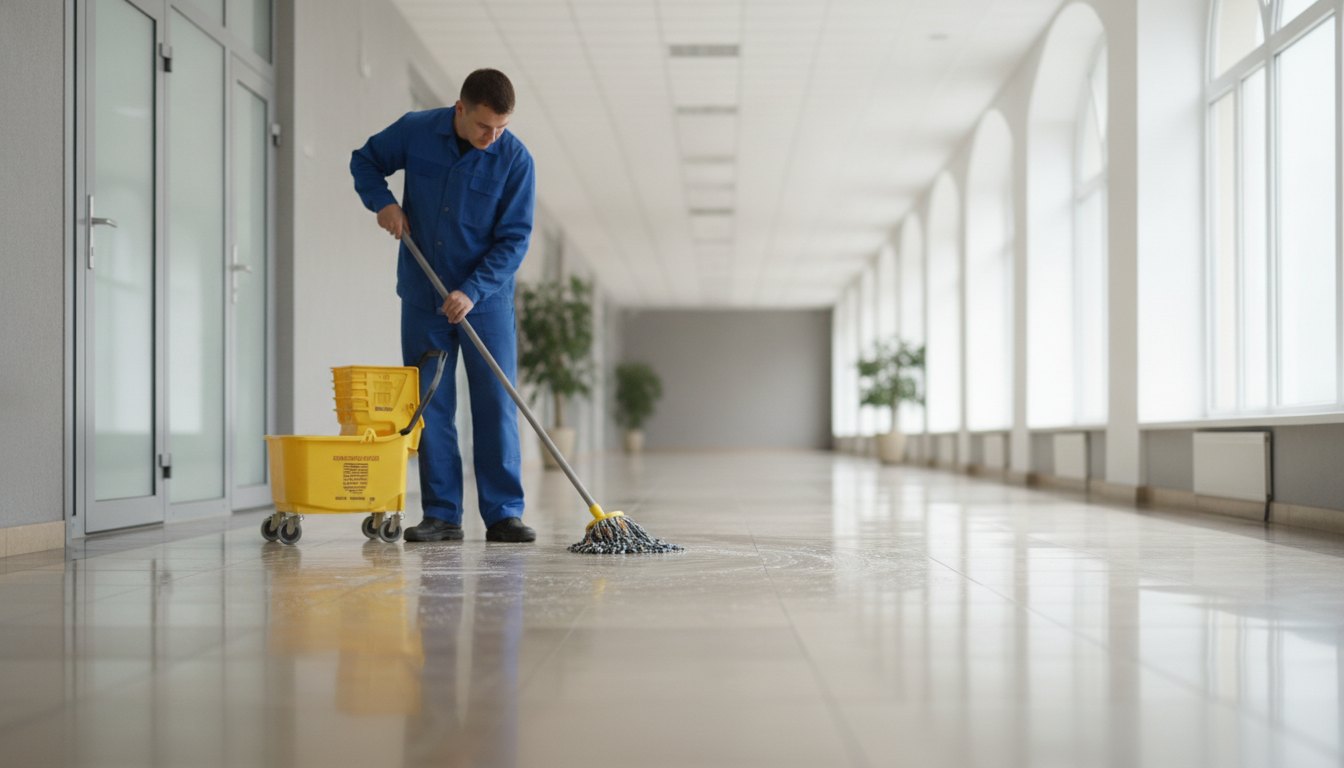 Profissional com uniforme azul higienizando o piso de um corredor comercial com esfregão e balde.