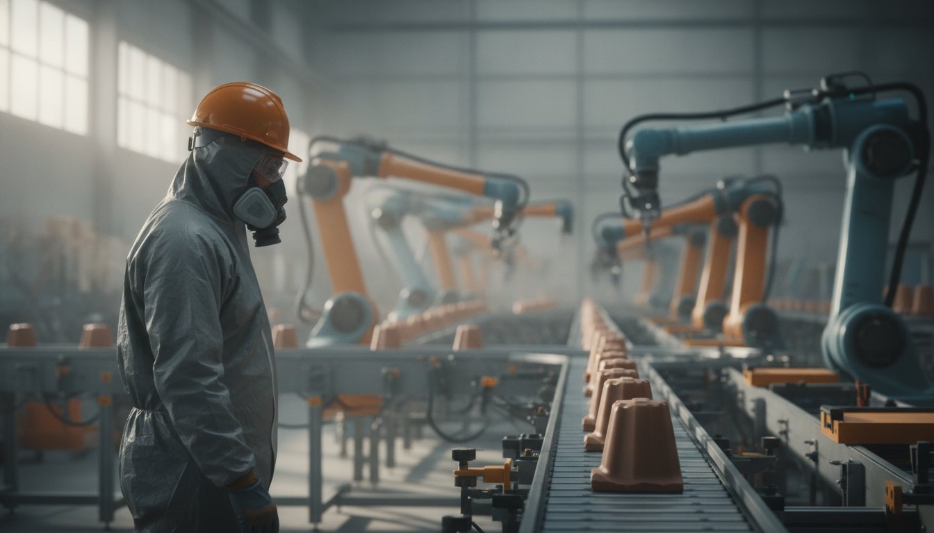 Operador com equipamentos de proteção individual inspecionando uma linha de montagem dentro de um galpão industrial.