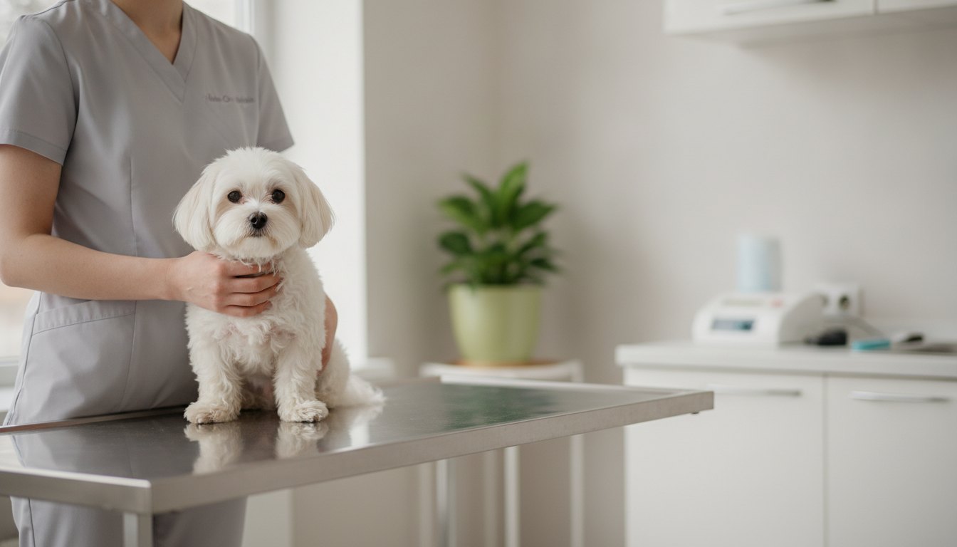 Profissional de uniforme segurando um cachorro pequeno em uma mesa de exame clínico.