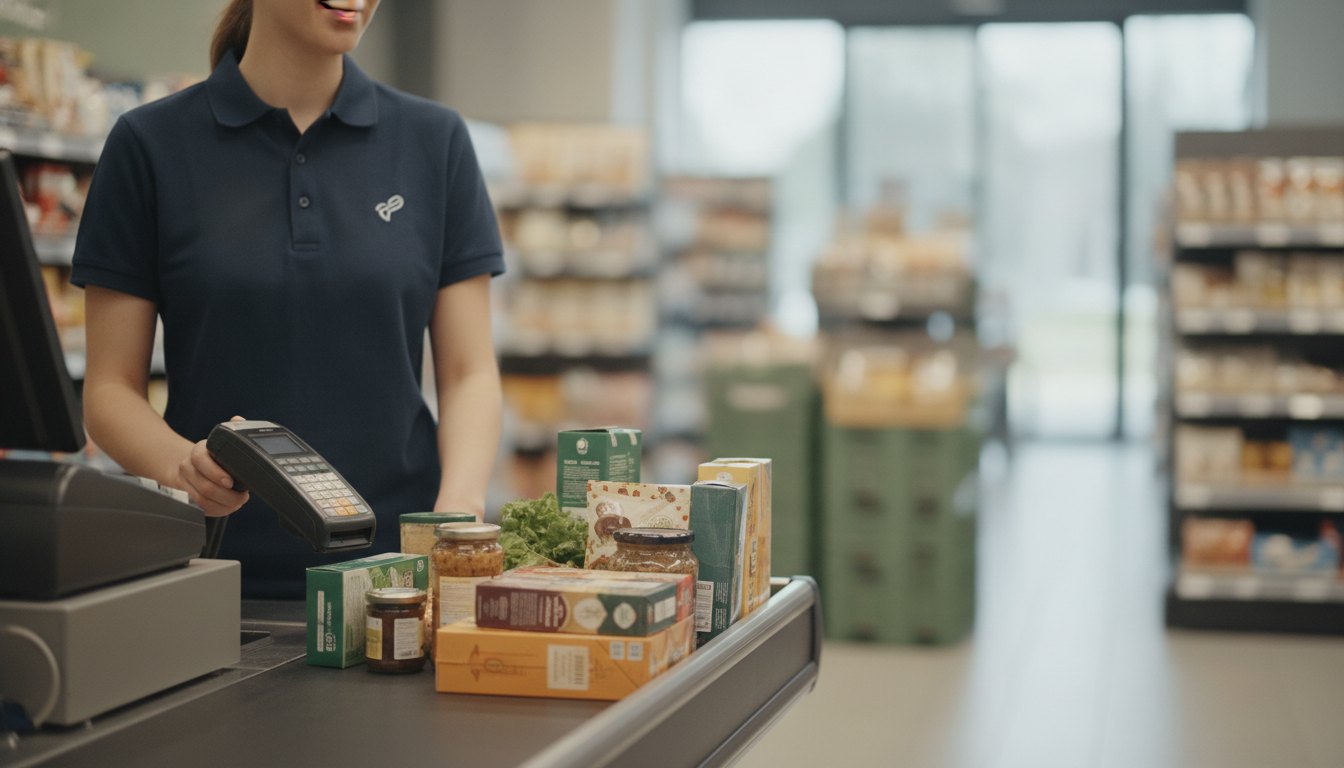 Profissional uniformizado registra produtos no caixa de um supermercado enquanto sorri para um cliente.