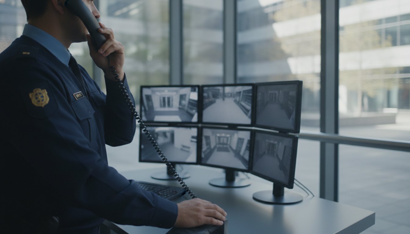 Profissional uniformizado trabalhando na guarita de um prédio, observando monitores de segurança e segurando um interfone.
