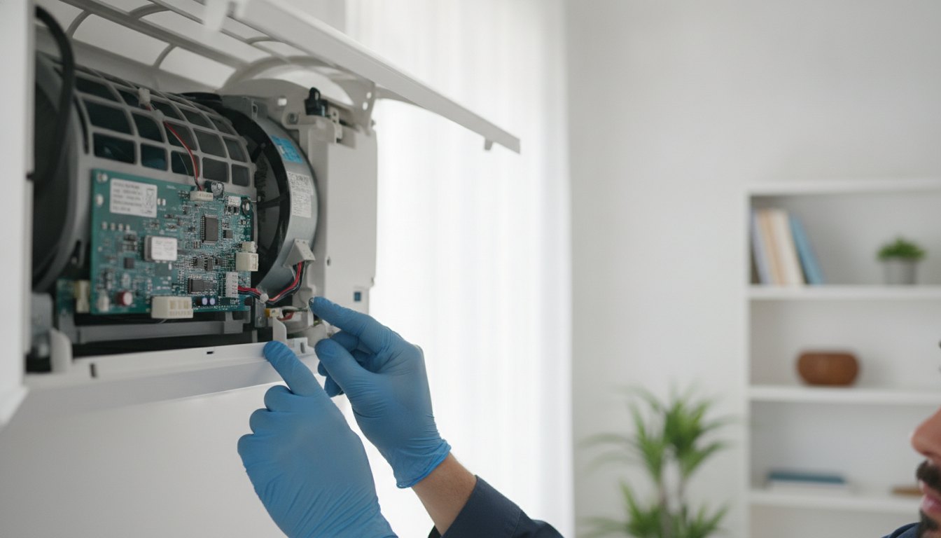 Profissional com luvas examina o painel interno de um aparelho de ar-condicionado fixado na parede.