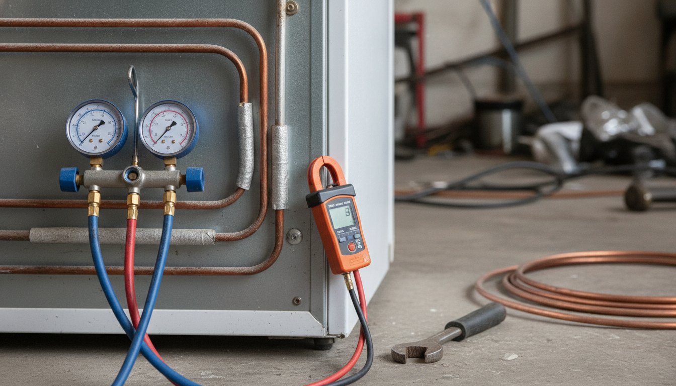 Técnico de refrigeração inspecionando a tubulação traseira de uma geladeira com ferramentas específicas de medição.